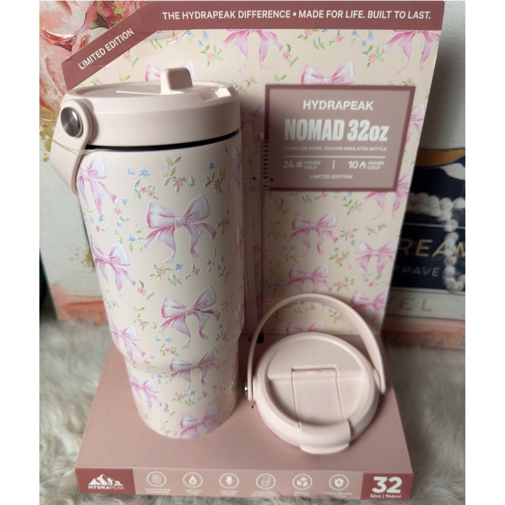 Hydrapeak Nomad 32oz Pink Floral Bow Limited Edition Insulated Water Bottle New